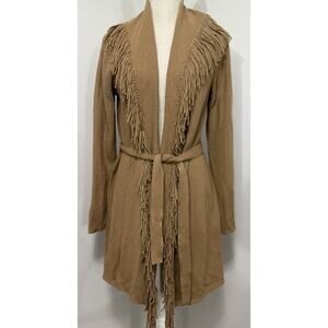 NEW J. Jill Fringe Cardigan Women Size XS Shawl Neck Open Front Sweater Tan Boho